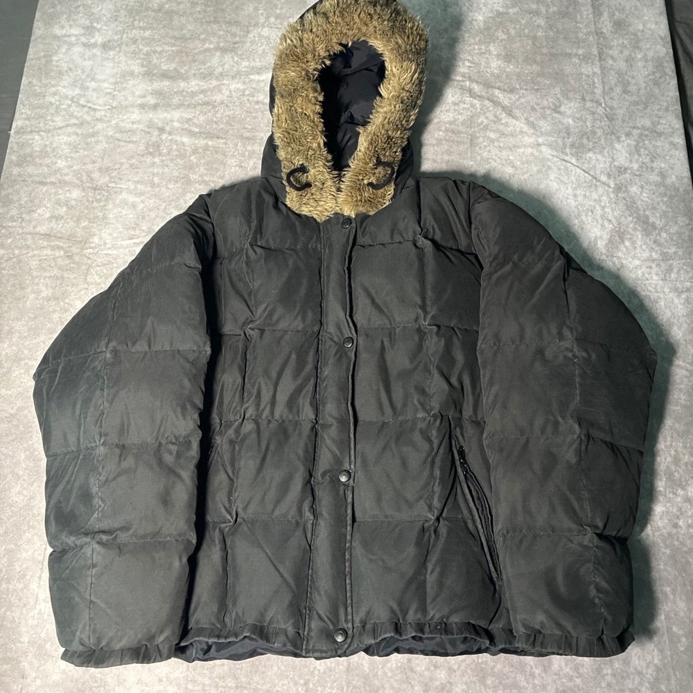Woolrich Womens Black Puffer Jacket Faux Fur Hood Quilted Parka Large